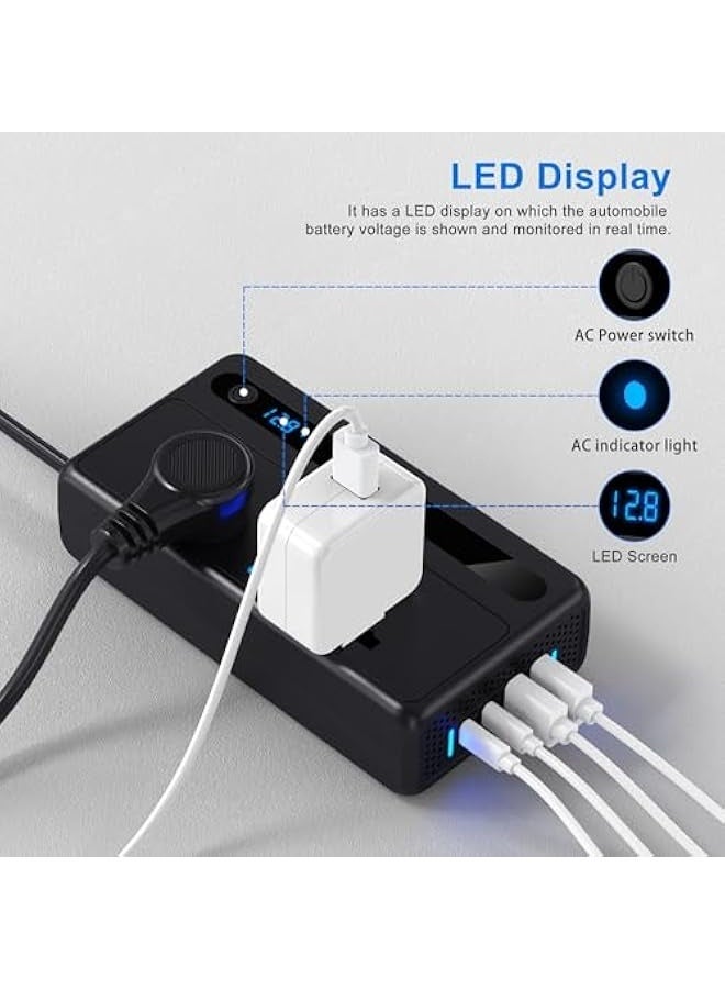 Starwell 200W Car Power Inverter, DC 12V/24V to 220V Car Inverter with 2 USB and 2 Type C Ports, Charger Adapter Car Plug Converter with Switch and Current LED Screen, Suitable for Cars, SUV & Truck - Image 2
